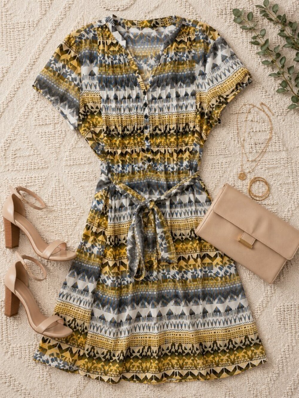 Robert Louis Button Bodice Midi Dress Tribal Print NWT Multi Color Office Career